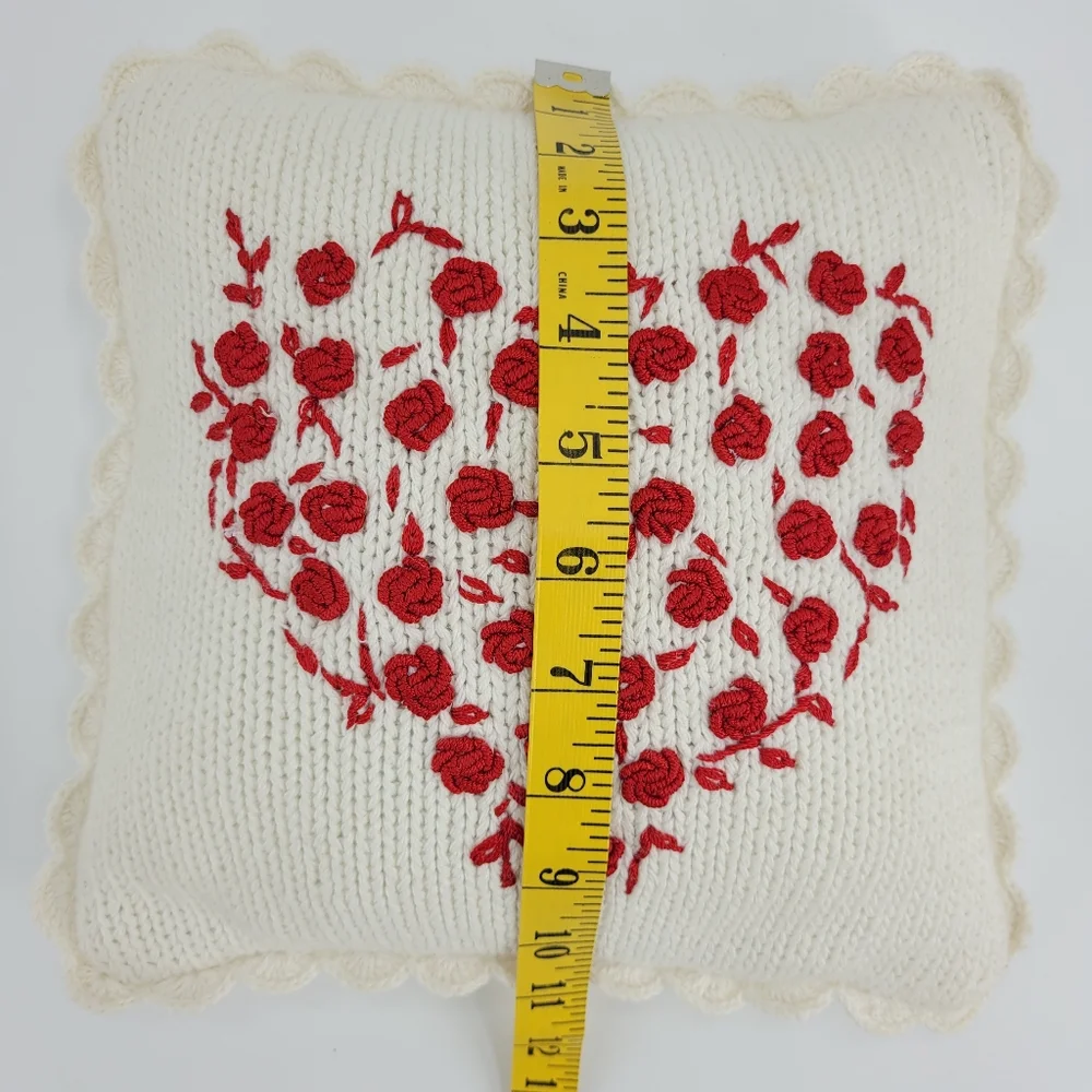 Dakotah Home Knits Pillow Size 11x11 Heart of My Heart Rose Embroidery Scallop